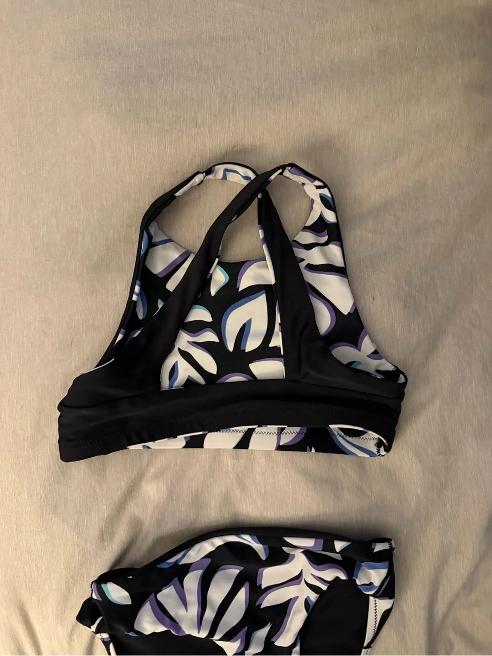 ATHLETA Girls' Black Floral Two-Piece Swim Set - Purple & White Print